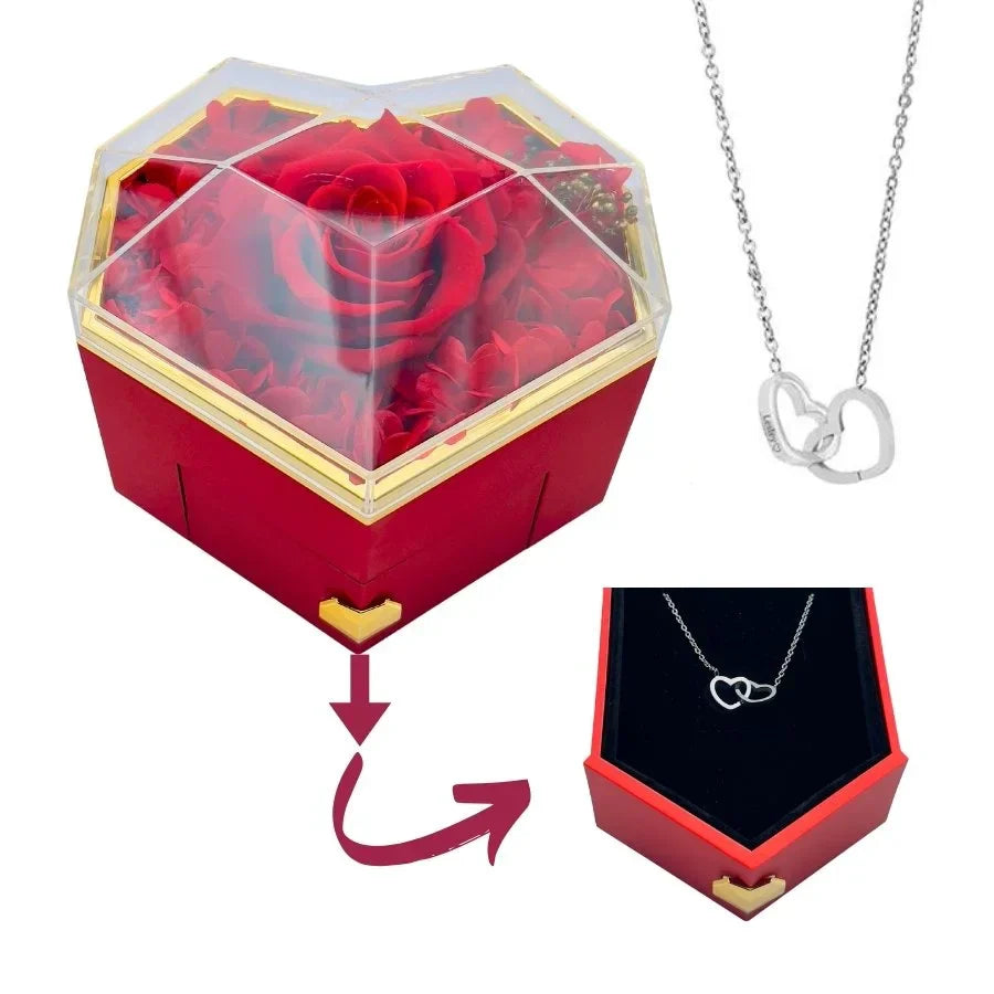 Heart Rose Box - With Engraved Necklace & Real Rose